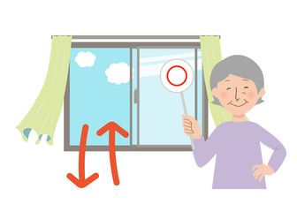 丸ばつクイズの札を持ったおばあちゃんと窓を開けて換気するとカーテンが揺れるベクターイラスト