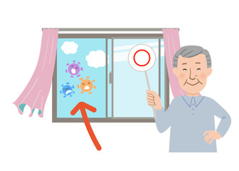 丸ばつクイズの札を持ったおじいちゃんと窓を開けて換気するとカーテンが揺れるベクターイラスト