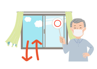 丸の札を持ってマスクをするおじいちゃんと窓を開けて換気するベクターイラスト