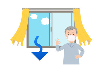 マスクをしたおじいちゃんと窓を開けて換気するベクターイラスト