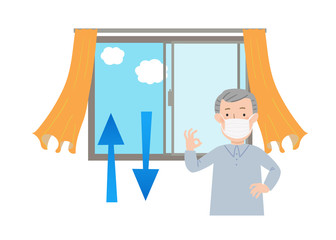 マスクをしたおじいちゃんと窓を開けて換気するベクターイラスト