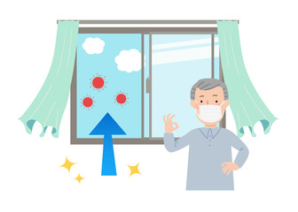 マスクをしたおじいちゃんと窓を開けて換気するベクターイラスト