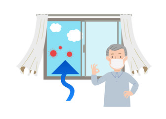 マスクをしたおじいちゃんと窓を開けて換気するベクターイラスト