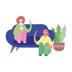 young women in room sitting on sofa and floor cartoon design