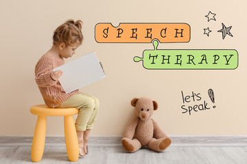 Little girl reading book and text SPEECH THERAPY against color wall