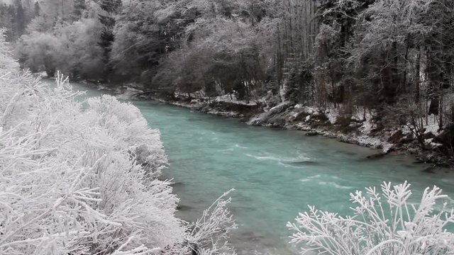 RATECE, SLOVENIJA - JANUARY 2, 2015: Winter frost at river Sava Dolinka in Slovenia