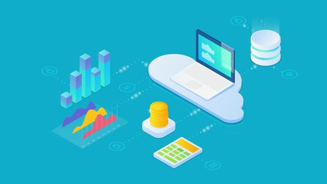 Cloud computing Business Data storage technology Financial Statistical Analysis Isometric concept Charts and money coins connected with Laptop Computer and Database to Analyse Stats 4K video.