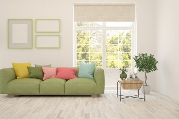 White living room with sofa. Scandinavian interior design. 3D illustration