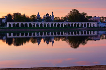 Fototapeta na wymiar Veliky Novgorod. Russia. View of the Yaroslavl courtyard at dawn.