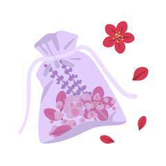 Sachet. Aroma bag with flowers, petals and salt. Vector illustration.
