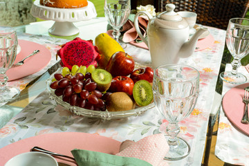 Table with fruits and cake breakfast