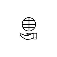 Hand holding globe icon. Saving, protecting the world sign.