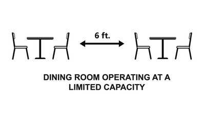Dining room is operating at limited capacity sign illustrated concept for social distancing in restaurants and cafes.