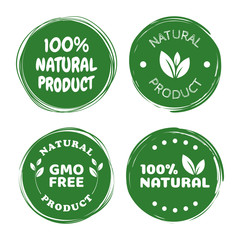 100% natural product. Green sticker brush calligraphy for inscriptions. Natural product as a banner, postcard, advertising. Vector of ecological nature.
