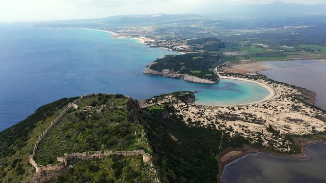 Panoramic aerial view of voidokilia beach, one of the best beaches in mediterranean Europe, beautiful lagoon of Voidokilia from a high point of view, Messinia, Greece