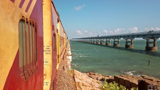 Rameshwaram, India. View of Pamban bridge in Rameshwaram. First indian bridge, which connects Pamban island and mainland India.