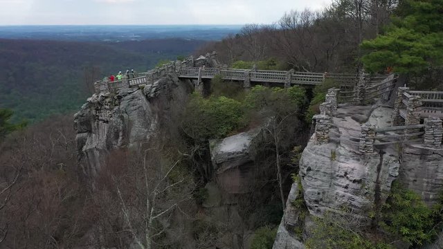 Aerial camera orbiting to the right with closeup of the Coopers Rock overlook.