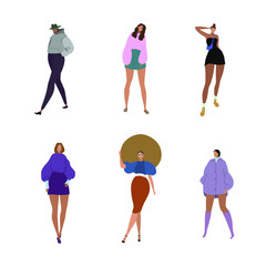 Vector set of fashion models illustration, dressed up girls standing in pose 