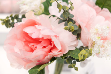 Close up of pink roses in interior. Close up
