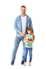 Happy man with little adopted girl on white background
