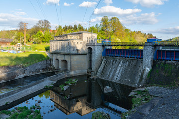 Hydro Power Station and the dam in Wrzeszczyn on the Bobr River. The stone dam was founded at the...