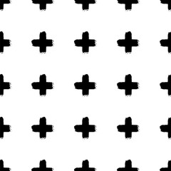 Seamless vector pattern with black cross strokes. An isolated image on a white background with a cross sign, plus sign drawn with a dry brush. Minimalistic graphic doodle suitable for your design.