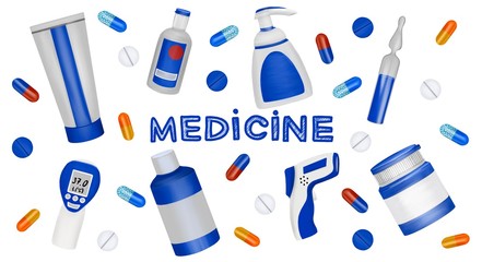 Collection of medical bottles and packaging. Thermometer, antiseptic gel, pills, tablet, capsule, ampoules. Blue on white background. Health care set illustration isolated on a white background.