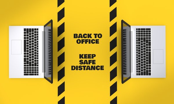 3d Rendered Laptops With Safety Zone Between Them Saying Keep Safe Distance, Conceptual Image Of Returning To The Office, Back To Work Post Covid Epidemic, Social Distancing At Workplace, Yellow Bg