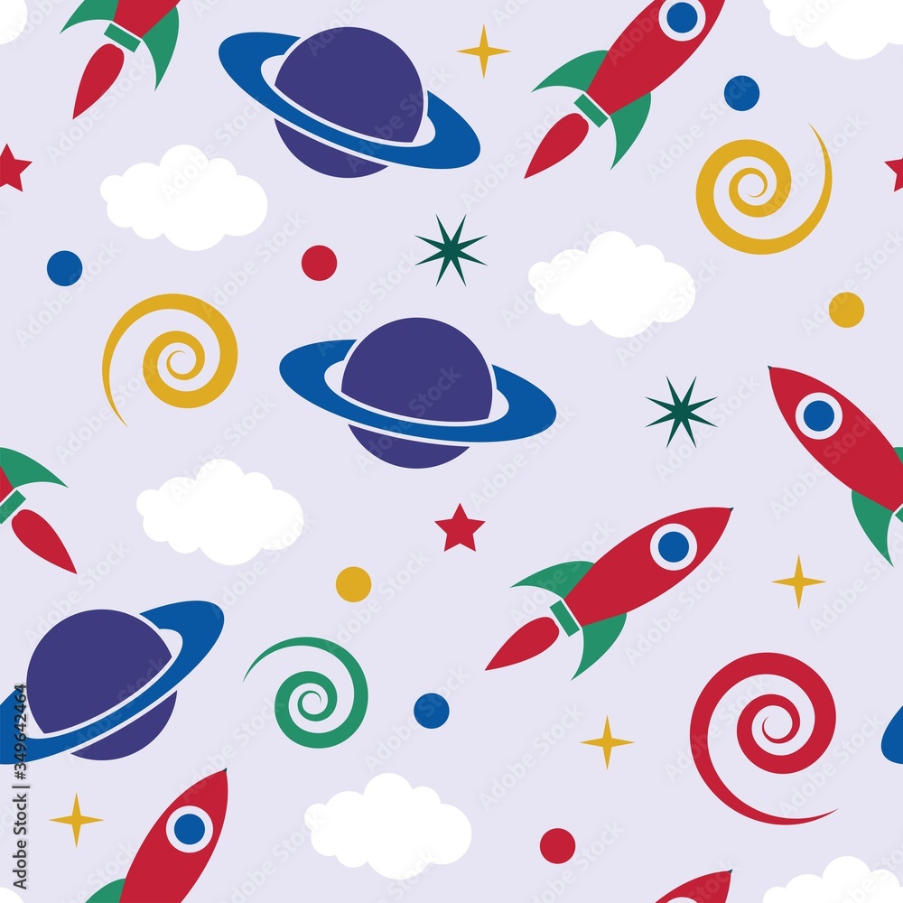Poster vector seamless pattern with retro rocket ship in space and saturn planet