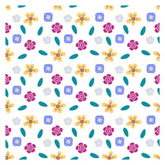 Yellow, blue and pink flowers on a white background. Floral seamless decorative pattern. You can use it as a background, for printing on fabric, making curtains, bed linen.