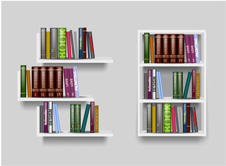 white color shelves and bookcase illustration with different books. Shelf for a white background, accessory display stand, retail display stand 