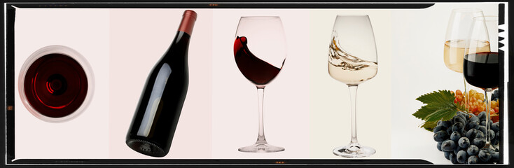 Wine collage. Red  and white wine bottle and wine glass on different backgrounds, photo collage banner