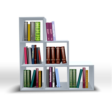 white shelves color illustration with different books. shelf for a white background, accessory display stand, retail display stand 
