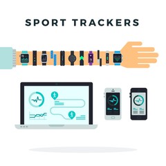 Set of many sports trackers, fitness bracelets and devices vector icon flat isolated.