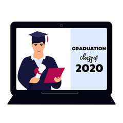 Graduation class of 2020. Virtual online ceremony on a laptop monitor during coronavirus quarantine. Graduate in gown and mortarboard holds a diploma