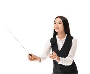 Young female conductor on white background