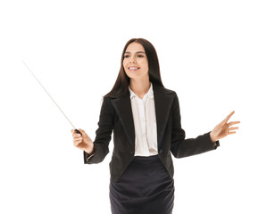 Young female conductor on white background
