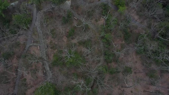 Aerial camera looking straight down revealing the Coopers Rock overlook.