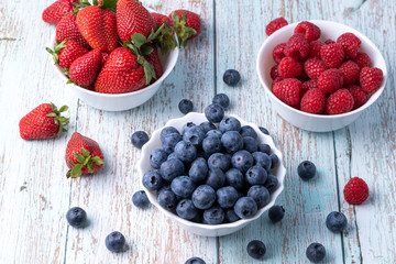 Berries, summer fruits on a wooden table. Healthy lifestyle concept. Selective focus