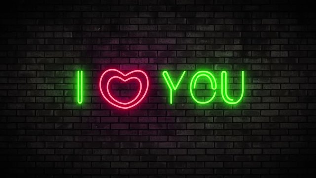 Neon heart and i love you text on brick wall. Night Club Bar Blinking Neon Sign. Motion Animation. Video available in 4K FullHD and HD render footage.