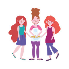 people cooking, woman with apron and dessert food and girls