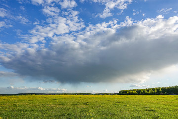 Country landscape. Green field and rain cloud