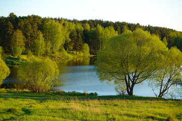 Beautiful countryside landscape. Green meadow and river in the evening. Summer. Russia.