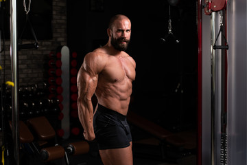 Fototapeta na wymiar Muscular Man Flexing Muscles Side Triceps Pose