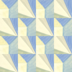 Seamless pattern. Watercolor abstract background with rhombuses, geometric ornament in blue and yellow tones. Suitable for fabric and paper design