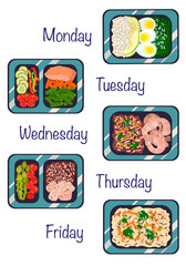 Vector illustration with a prepared meal. A portion of food in a container, snacks, and vegetables. Nutrition for a healthy lifestyle. Healthy food. One week meal prep.