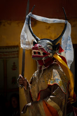 Llamas in a sacred dance in Tibet. Dance tsam.