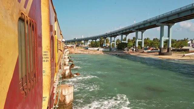 Rameshwaram, India. View of Pamban bridge in Rameshwaram. First indian bridge, which connects Pamban island and mainland India.