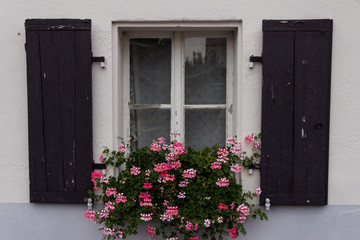 Very old window with wooden shutters and flowers