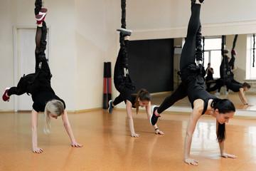 Group of active sports girls in black sportswear are engaged in budgie fitness in the gym. Bungee jumping in the gym